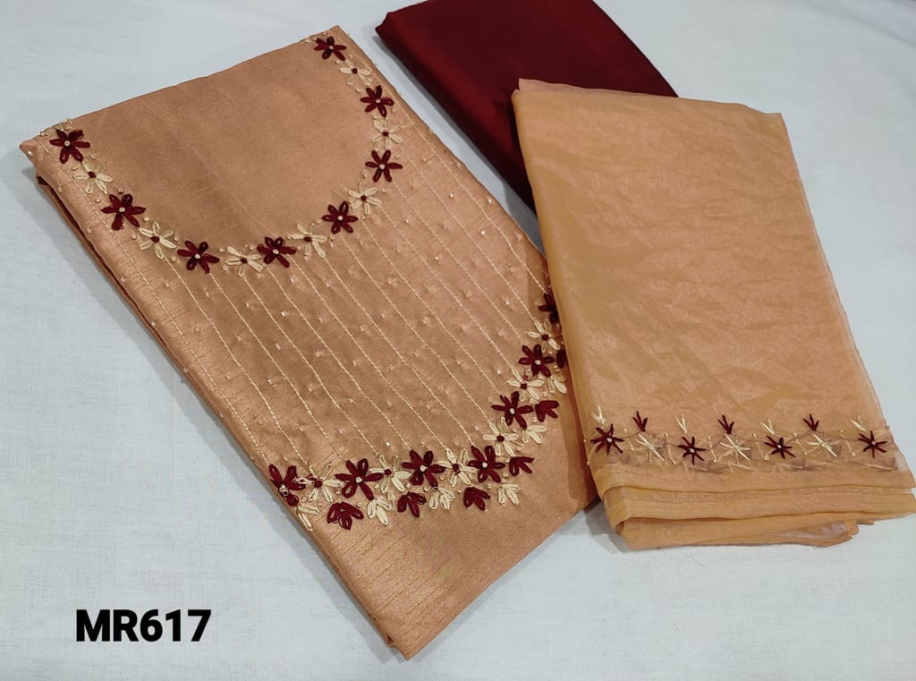 CODE MR617 : Peach Fancy Silk Cotton unstitched Salwar material(thin textured shiny fabric requires lining) with heavy thread work and cut bead work on yoke,  Maroon Silk Cotton bottom, Organza dupatta with thread embroidery work on sides