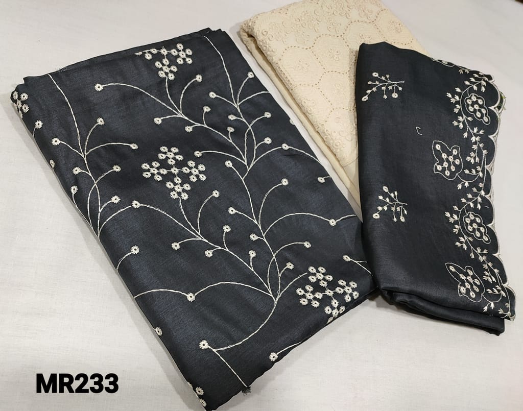 CODE MR223 : Blueish Grey Silk Cotton Unstitched Salwar material(silky fabric, requires lining) with heavy embroidery work on front side,  half white khadhi cotton bottom with embroidery,  embroidery work on silk cotton dupatta with cut work.