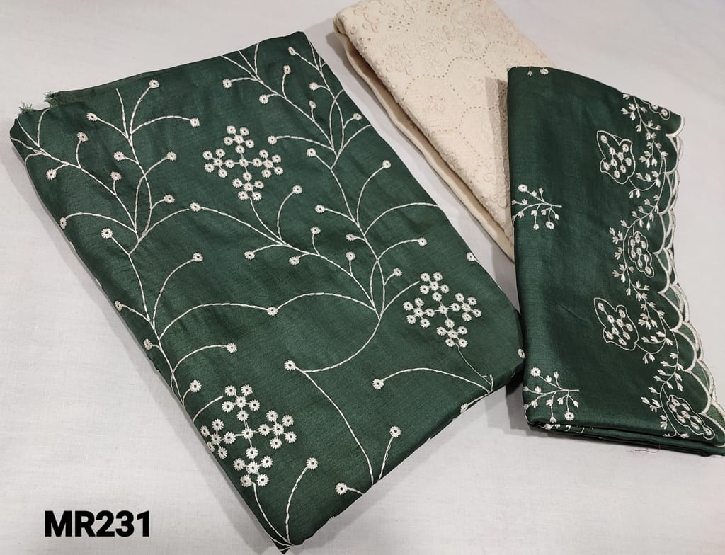 CODE MR231 : Green Silk Cotton Unstitched Salwar material(silky fabric, requires lining) with heavy embroidery work on front side,  half white khadhi cotton bottom with embroidery,  embroidery work on silk cotton dupatta with cut work.