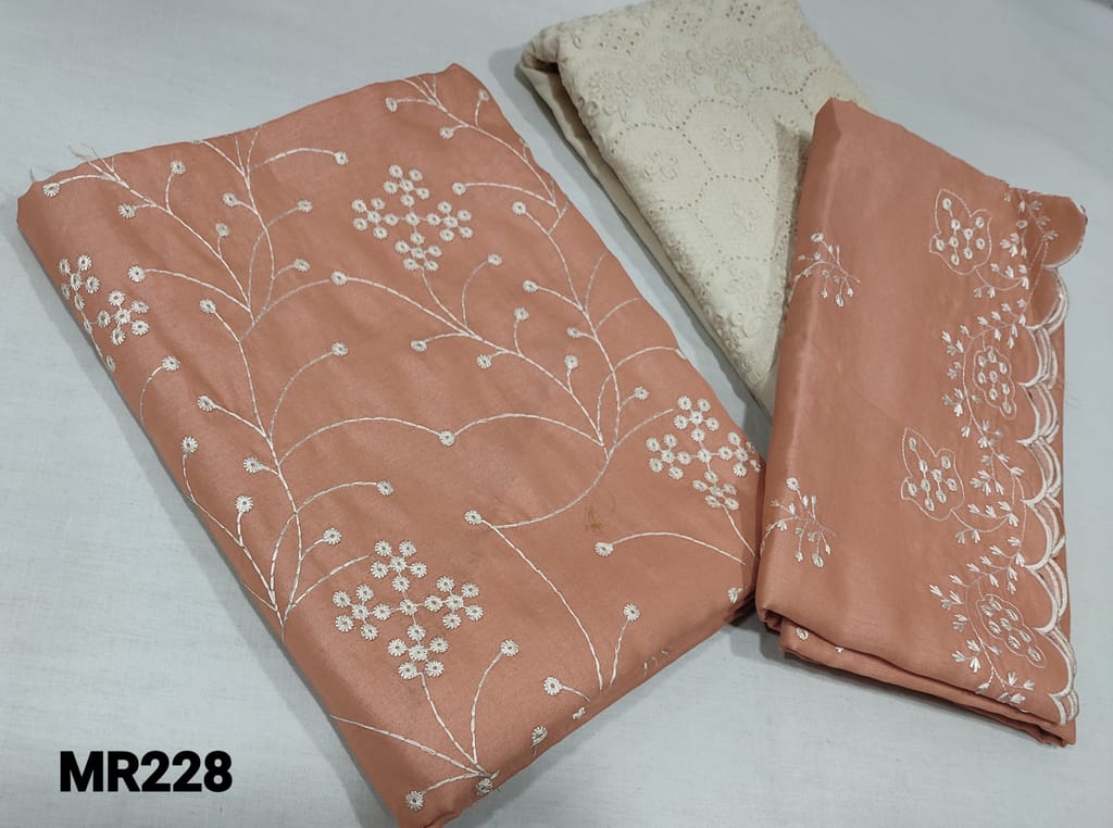 CODE MR228 : Light Peach Silk Cotton Unstitched Salwar material(silky fabric, requires lining) with heavy embroidery work on front side,  half white khadhi cotton bottom with embroidery,  embroidery work on silk cotton dupatta with cut work.