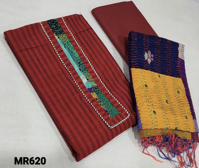 CODE Mr620 : Maroonish Red Silk Cotton unstitched Salwar material(thin Fabric requires lining) with kantha stitch patch work on yoke, Soft cotton fabric is provided can be used as lining or if comfortable can be used as bottom, Kantha stitch heavy hand work(PATTERNS WILL VARY) Double side dupatta