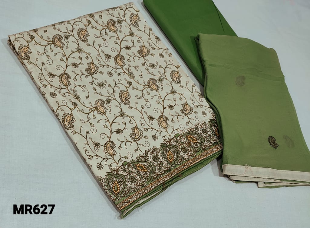 CODE MR627 : Premium Light Beige Satin Cotton unstitched salwar material(requires lining) with heavy colourful embroidery work on front side, plain back side. green cotton bottom,  embroidery work on soft chiffon dupatta with tapings
