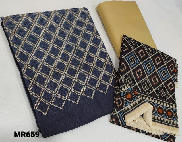 CODE MR659 :  Navy Blue Noil Fabric Unstitched Salwar material(netted fabric requires lining) with Heavy thread embroidery work on yoke, beige cotton bottm, Digital Printed Noil dupatta(reruires taping)