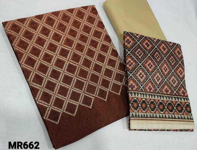 CODE MR662 : Brown Noil Fabric Unstitched Salwar material(netted fabric requires lining) with Heavy thread embroidery work on yoke, beige cotton bottm, Digital Printed Noil dupatta(reruires taping)