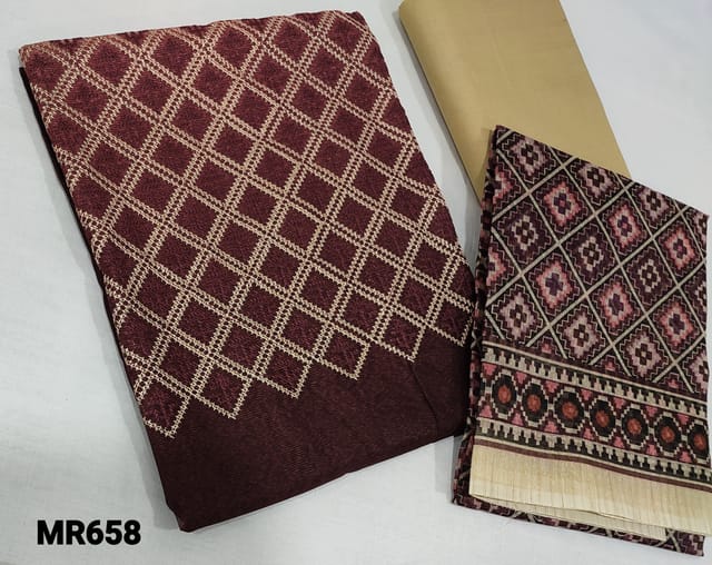 CODE MR658 : Maroon Noil Fabric Unstitched Salwar material(netted fabric requires lining) with Heavy thread embroidery work on yoke, beige cotton bottm, Digital Printed Noil dupatta(reruires taping)