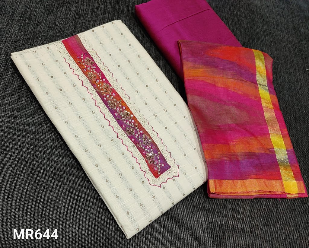 CODE MR644 : Half White Thread woven soft Slub Cotton unstitched Salwar material(lining required) with zardozi, pearl bead, sequence and faux mirror work on yoke, dark Pink silk cotton bottom, Colorful woven silk cotton dupatta with tassels