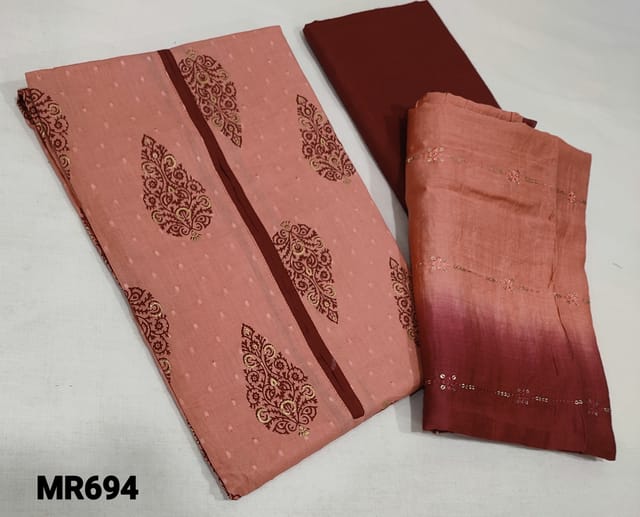 CODE MR694 : Printed Peach Jakard Cotton unstitched salwar material(requires lining), maroon cotton bottom, Dual shaded fancy silk cotton dupatta with thread and sequence work.