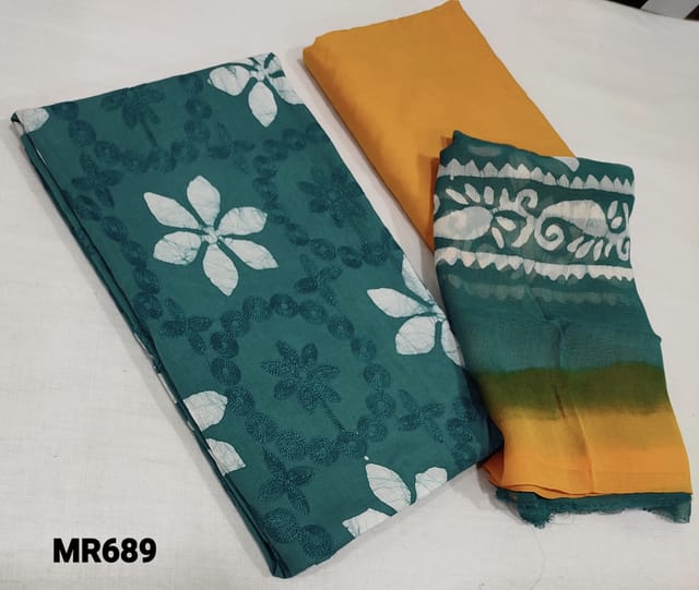 CODE MR689 : Blue wax batik dyed design soft Cotton Unstitched salwar material (lining required) with embroidery work on frontside, yellow cotton bottom, dual shaded wax batik dyed premium chiffon dupatta.