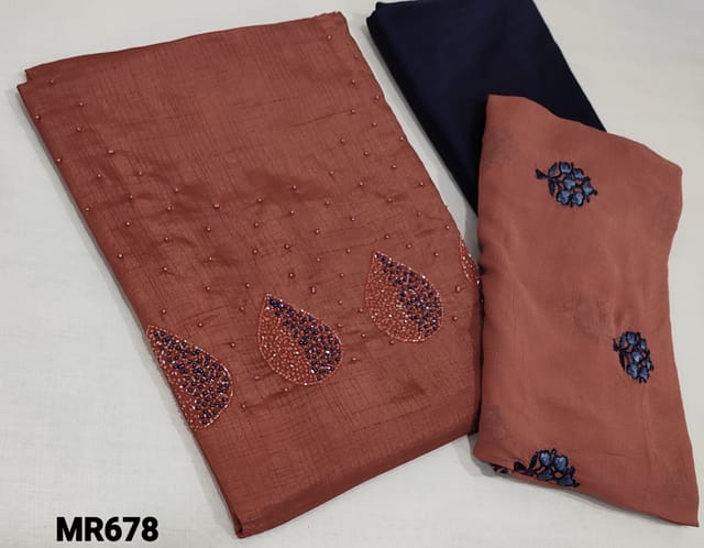 CODE MR678 : Designer Dark brick Red Fancy silk unstitched Salwar material(thin fabric requires lining) with colorful cut bead and pearl bead work on yoke, Navy blue silk cotton bottom, Dark Brick Red Chiffon dupatta with beautiful embroidery patterns and lace taping