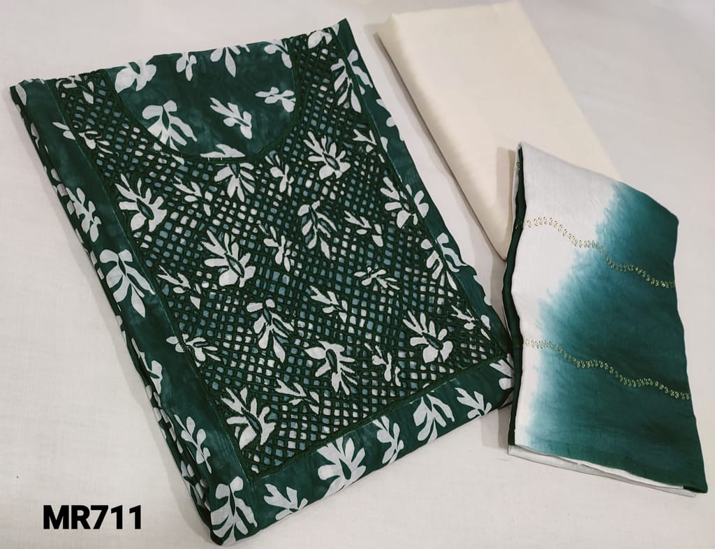CODE MR711: Printed Green fancy Silk Cotton Unstitched Salwar material(requires lining) with cutwork on yoke, half white silk cotton bottom, Dual Shaded fancy silk cotton dupatta with thread and sequence work.