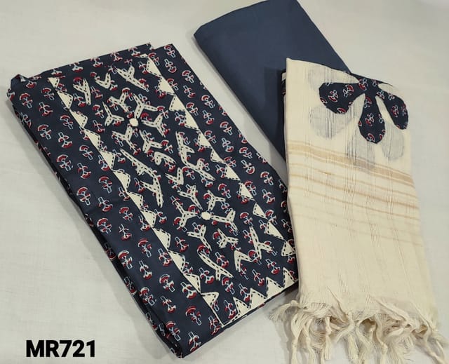 CODE MR721 :  Printed Blue soft Cotton unstitched salwar material(lining optional) with applique and kantha stitch work on yoke, blue cotton bottom, applique work on silk cotton dupatta with tassels