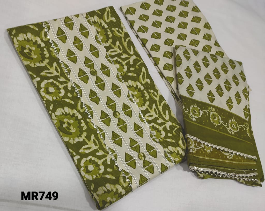 CODE MR749: Dark Mossy Green Soft Cotton unstitched salwar material(lining optional) with gota lace and buttons on yoke, printed cotton bottom, printed mul cotton dupatta with gota lace tapings.