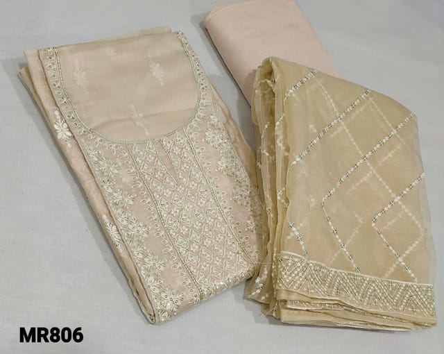 CODE MR806: Designer Light Beige fancy Silk Cotton Unstitched Salwar material( requires lining ) with heavy thread and sequence work on yoke, small embroiery work on front side, santoon botton, embroidery and sequence work on organza dupatta.