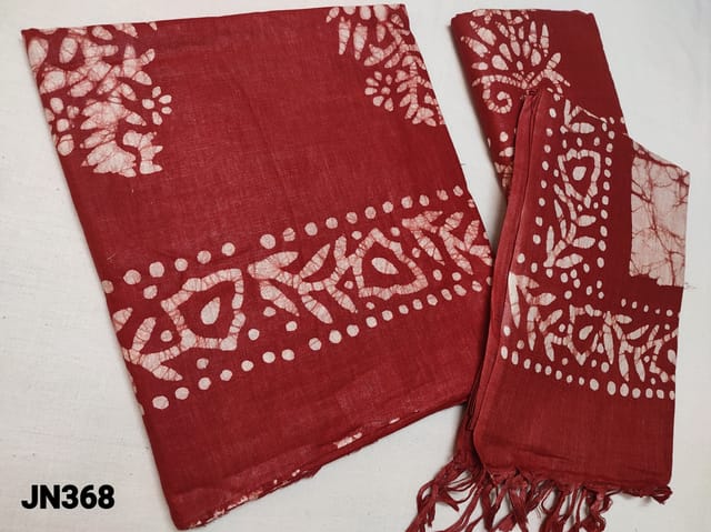 CODE JN368 :  Premium linen Cotton Reddish Maroon Unstitched Salwar material(lining optional) with pure wax batik work, Wax batik dye on lower part of bottom, Pure wax batik dye on cotton dupata (There may be inconsistency in zari weaving on edges which can be removed and taping can be made)