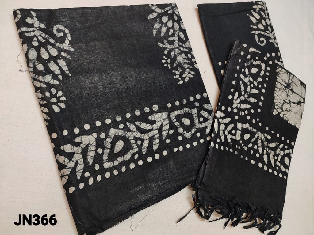 CODE JN366 : Premium linen Cotton Black Unstitched Salwar material(lining optional) with pure wax batik work, Wax batik dye on lower part of bottom, Pure wax batik dye on cotton dupata (There may be inconsistency in zari weaving on edges which can be removed and taping can be made)