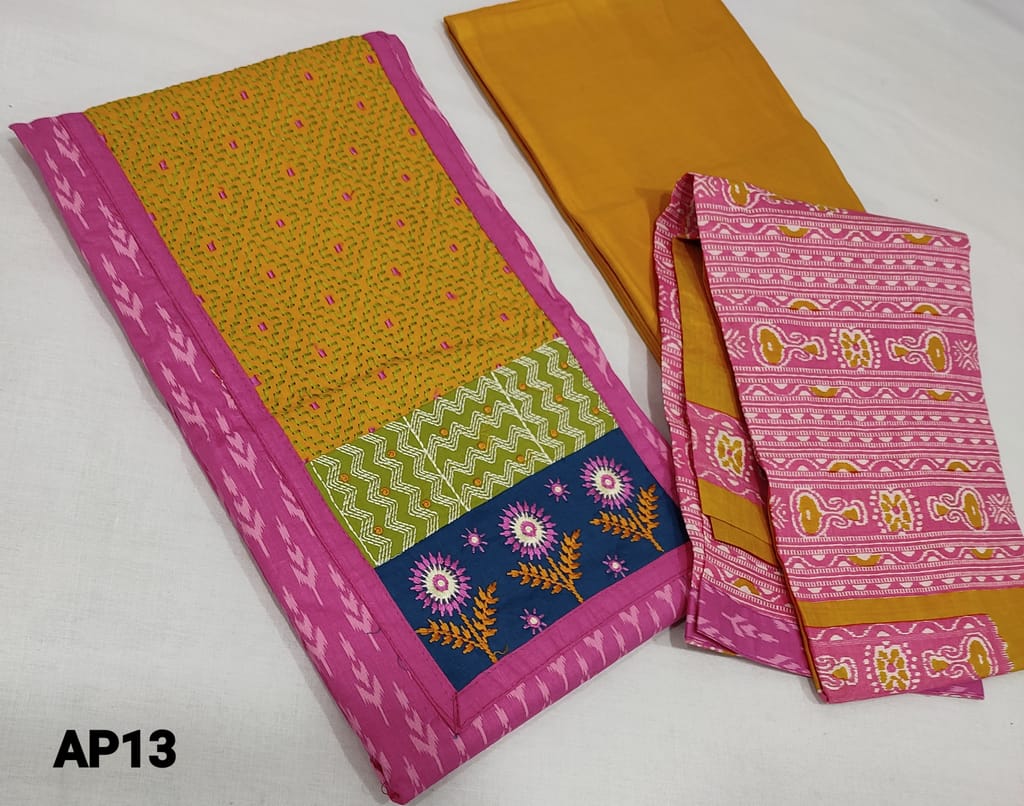 CODE AP13 : Printed Pink soft Cotton Unstitched Salwar material(lining requied) with embroidery patch work on yoke,(yoke design might vary), Yellow cotton bottom, printed  dual shaded soft mul cotton dupatta with tapings.