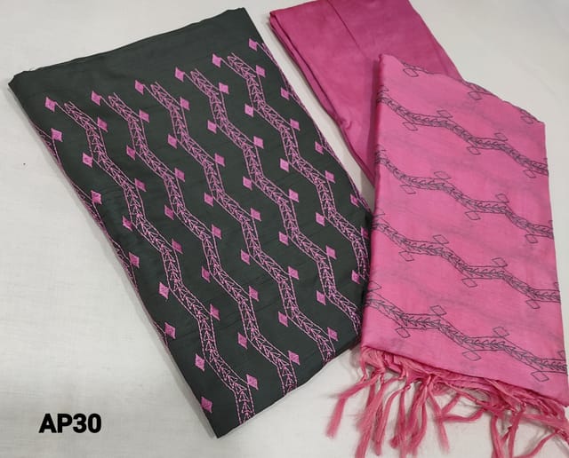 CODE AP30: Grey Silk Cotton unstitched Salwar material(thin fabric requires lining) with embroidery work on frontside, pink silk cotton bottom, embroidery work on fancy silk cotton dupatta with tassels.