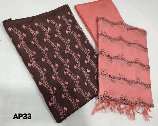 CODE AP33: Brown Silk Cotton unstitched Salwar material(thin fabric requires lining) with embroidery work on frontside, peach silk cotton bottom, embroidery work on fancy silk cotton dupatta with tassels.