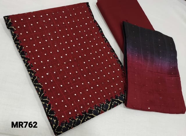 CODE MR762 : Digital Printed Black Silk Cotton unstitched Salwar material(thin fabric requires lining) with thread and faux mirror work on maroon yoke patch, maroon cotton bottom, thread and sequence work on fancy silk cotton dupatta(requires taping)