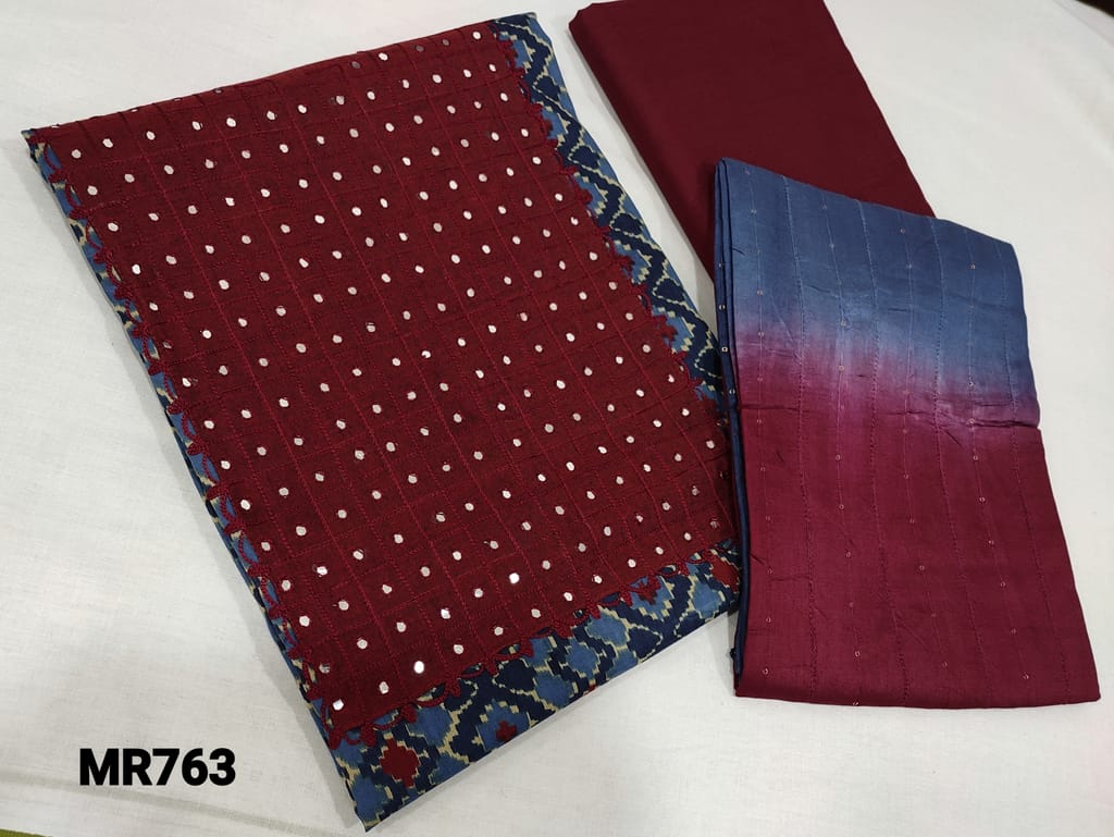 CODE MR763: Digital Printed Blue Silk Cotton unstitched Salwar material(thin fabric requires lining) with thread and faux mirror work on maroon yoke patch, maroon cotton bottom, thread and sequence work on fancy silk cotton dupatta(requires taping)