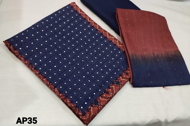 CODE AP35: Digital Printed Maroon Silk Cotton unstitched Salwar material(thin fabric requires lining) with thread and faux mirror work on blue yoke patch, blue cotton bottom, thread and sequence work on fancy silk cotton dupatta(requires taping)