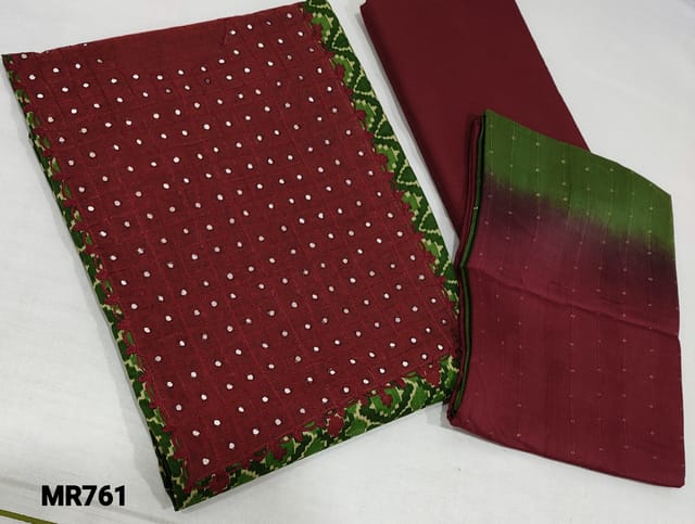 CODE MR761 : Digital Printed Mossy Green Silk Cotton unstitched Salwar material(thin fabric requires lining) with thread and faux mirror work on maroon yoke patch, maroon cotton bottom, thread and sequence work on fancy silk cotton dupatta(requires taping)