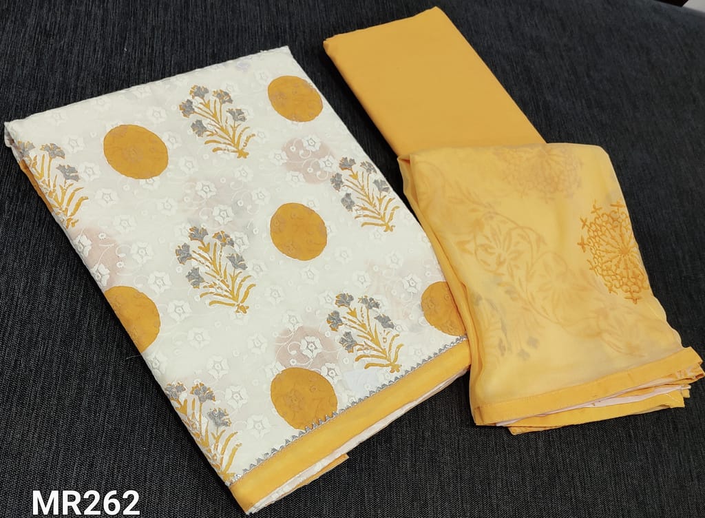 CODE MR262: Half White Block Printed Cotton Unstitched Salwar material(requires lining ) with chikankari work on front side, light yellow cotton bottom, dual shaded block printed chiffon dupatta with tapings.