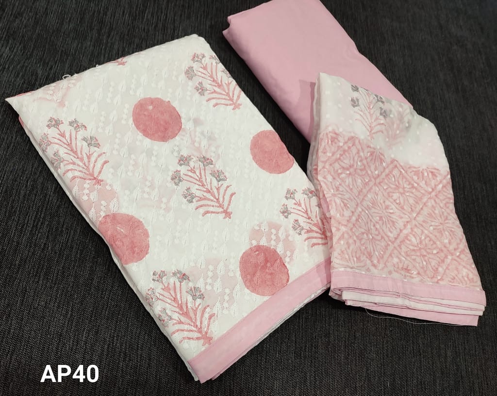 CODE AP40: Half White Block Printed Cotton Unstitched Salwar material(requires lining ) with chikankari work on front side, light pink cotton bottom, dual shaded block printed chiffon dupatta with tapings.