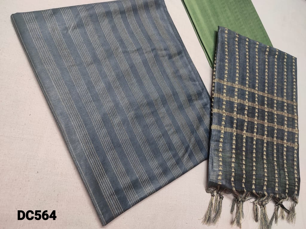 CODE DC564 : Greyish Blue Bhagalpuri Silk cotton unstitched Salwar material(thin fabric requires lining) with weaving pattern on front and back sides, Green Bhagalpuri silk cotton bottom, Weaving Bhagalpuri silk cotton dupatta with tassels(Taping needs to be stitched)