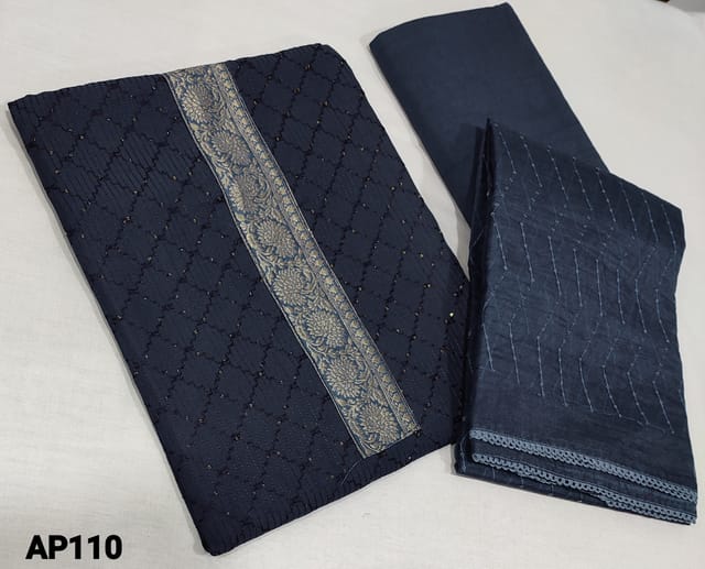CODE AP110 : Navy Blue Fancy Silk Cotton unstitched Salwar material(requires lining) with thread and tiny sequence work on front side, Brocade patched on yoke and daman, matching Cotton fabric provided for lining, NO BOTTOM, Organza dupatta with thread and sequence work with lace tapings.