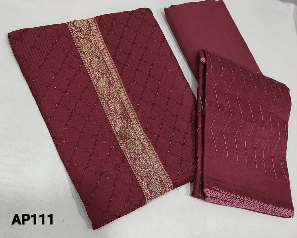 CODE AP111 : Maroon Fancy Silk Cotton unstitched Salwar material(requires lining) with thread and tiny sequence work on front side, Brocade patched on yoke and daman, matching Cotton fabric provided for lining, NO BOTTOM, Organza dupatta with thread and sequence work with lace tapings.
