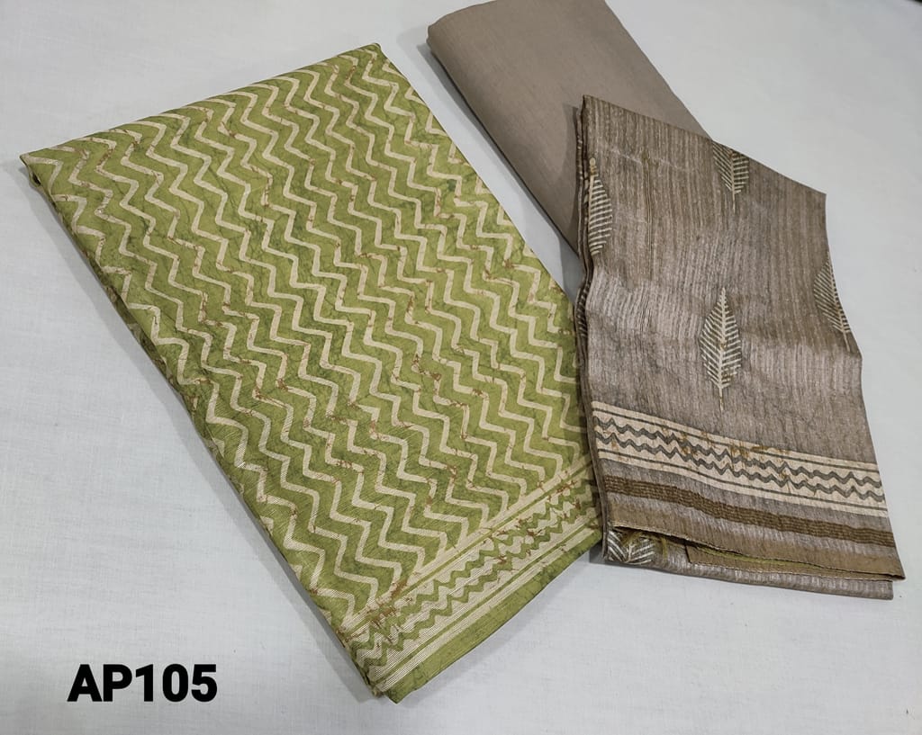 CODE AP105 : Designer Mehandhi Green printed soft Semi Tussar unstitched salwar material(requires lining), greyish beige pure soft thin drum dyed cotton bottom, printed dual shaded semi tussar dupatta with tassels.
