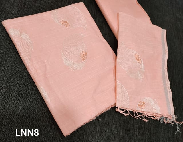 CODE LNN8: Designer Pastel Pink Pure Art Linen soft Unstitched Salwar material(thin Fabric requires lining) with thread embroidery work on front side, matching Linen bottom, Linen Dupatta with thread embroidery work and thin silver borders and tassels.