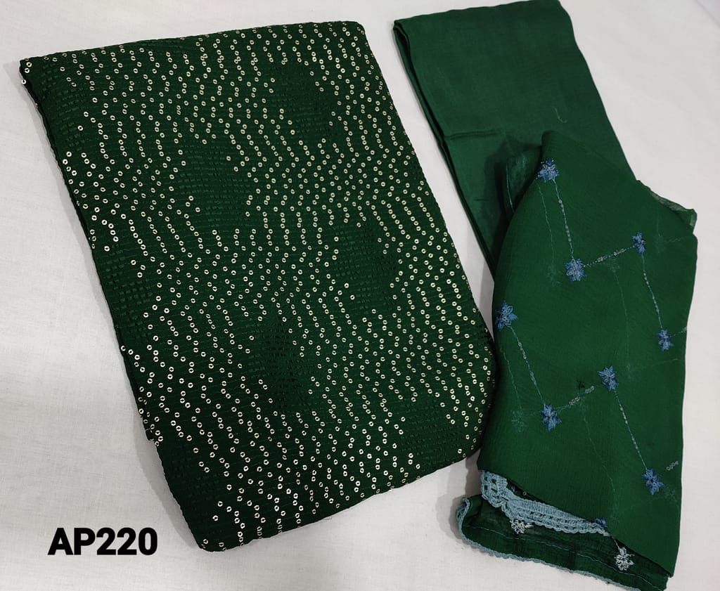 CODE AP220 : Designer Green Georgette unstitched Salwar material(Thin fabric Requires lining) with heavy Sequins and thread embroidery work on front side, Plain back,  Silk Cotton or Santoon Bottom, Heavy Sequins work on Chiffon dupatta with lace taping