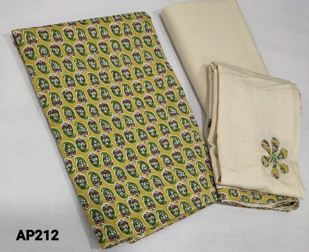 CODE AP212 : Printed Yellow cotton Salwar material(requires lining), light beige cotton bottom, applique work on soft silk cotton dupatta with tapigs.