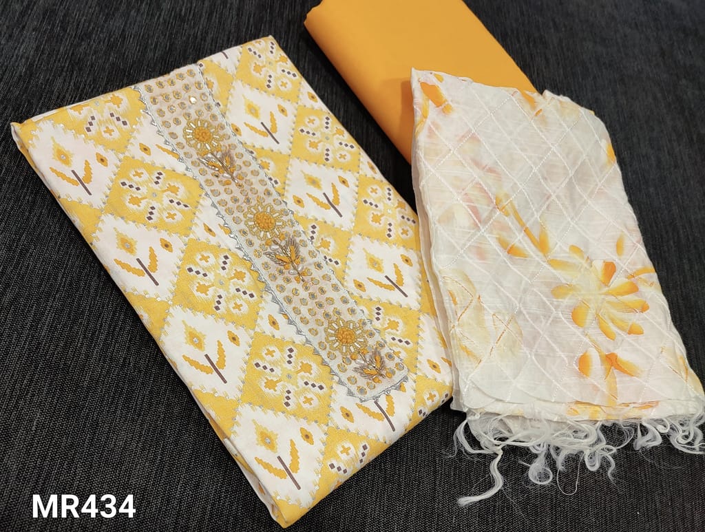 CODE MR434 : Patola Printed Light Yellow Liquid Fabric Unstitched salwar material (flowy fabric, lining required) with gota lace, cut bead, sugar bead, zardozi work on yoke, bright yellow cotton bottom, fancy silk cotton dupatta with embroidery and brush paint work allover (requires taping)fa