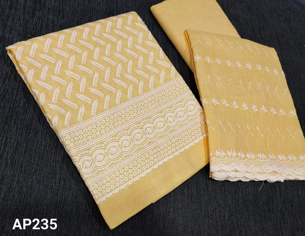 CODE AP235 : Premium Yellow Cotton unstitched Salwar material(thin fabric requires lining) with Heavy Chigan embroidery work on front side, cotton bottom, chigan embroidery work on cotton dupatta(Taping needs to be stitched)