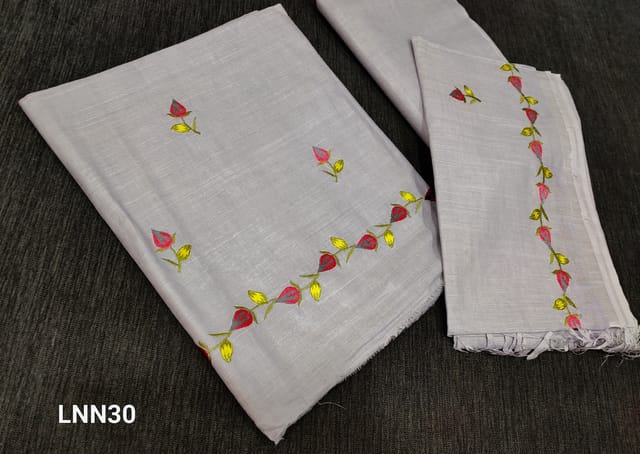 CODE LNN30: Designer Silver Grey Art Linen soft Unstitched Salwar material(thin Fabric requires lining) with thread embroidery work on front side, matching Linen bottom, Linen Dupatta with thread embroidery work and thin silver borders and tassels.