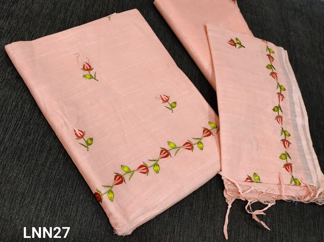 CODE LNN27: Designer Light Peach Art Linen soft Unstitched Salwar material(thin Fabric requires lining) with thread embroidery work on front side, matching Linen bottom, Linen Dupatta with thread embroidery work and thin silver borders and tassels.