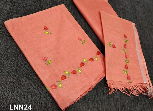 CODE LNN24: Designer Dark Peach Art Linen soft Unstitched Salwar material(thin Fabric requires lining) with thread embroidery work on front side, matching Linen bottom, Linen Dupatta with thread embroidery work and thin silver borders and tassels.