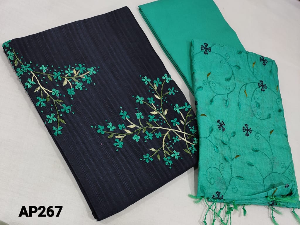 CODE AP267: Designer Navy Blue Silk Cotton unstitched Salwar material(course fabric,requires lining) with embroidery work on yoke, turquoise green silk cotton bottom, embroidery work on silk cotton dupatta with tassels.