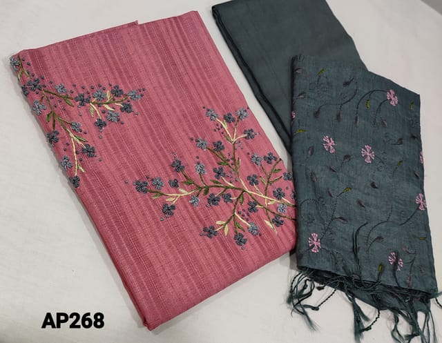 CODE AP268: Designer Pink Silk Cotton unstitched Salwar material(course fabric,requires lining) with embroidery work on yoke, grey silk cotton bottom, embroidery work on silk cotton dupatta with tassels.