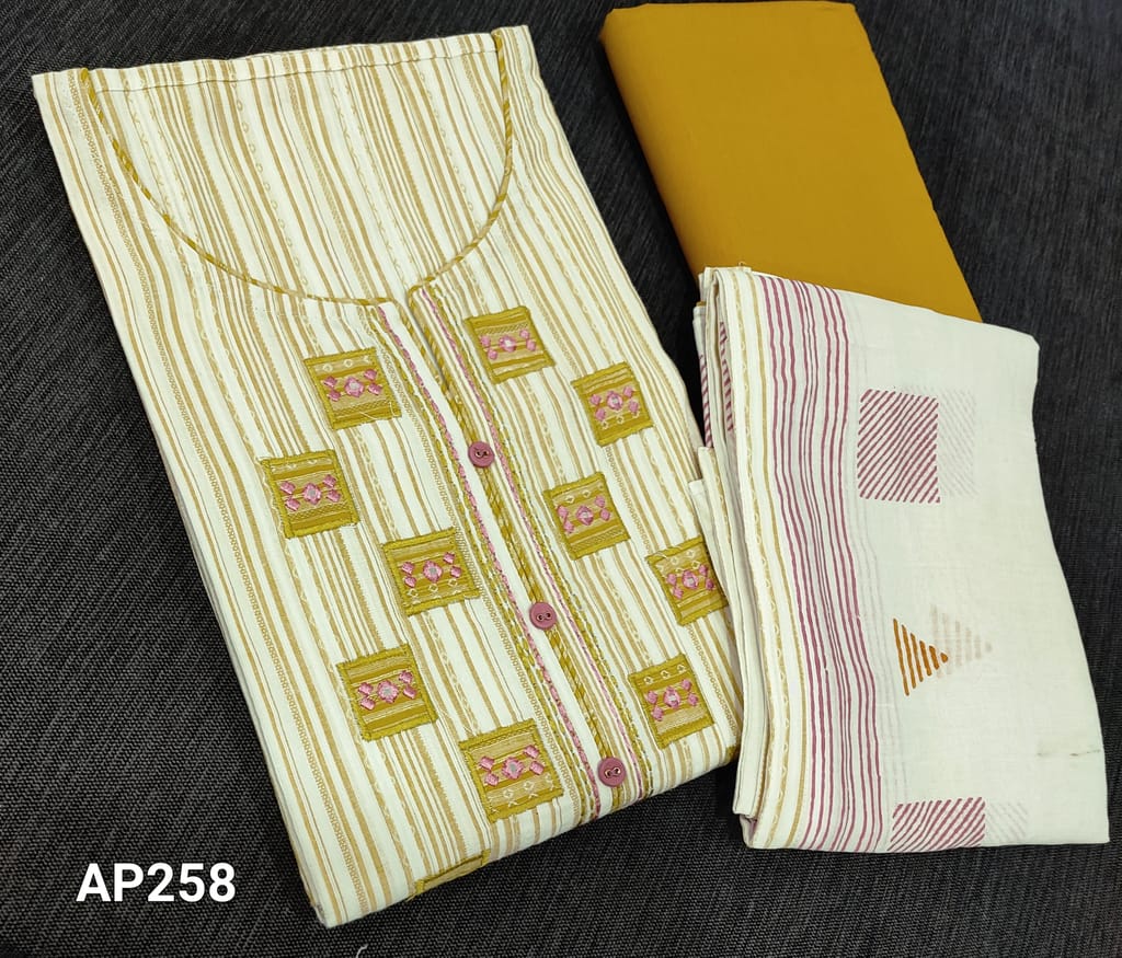 CODE AP258: Designer Yellow Jakard Cotton unstitched Salwar material(requires lining) with fancy buttons, thread ad foil parch work on yoke, cotton bottom,  printed mul cotton dupatta.