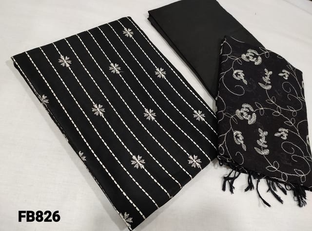 CODE FB826 : Black Fancy Silk Cotton unstitched Salwar material(coarse fabric lining required) with heavy thread embroidery work on front side, Plain back, santoon or silk cotton bottom, soft Linen silk cotton dupatta with heavy embroidery work and tassels