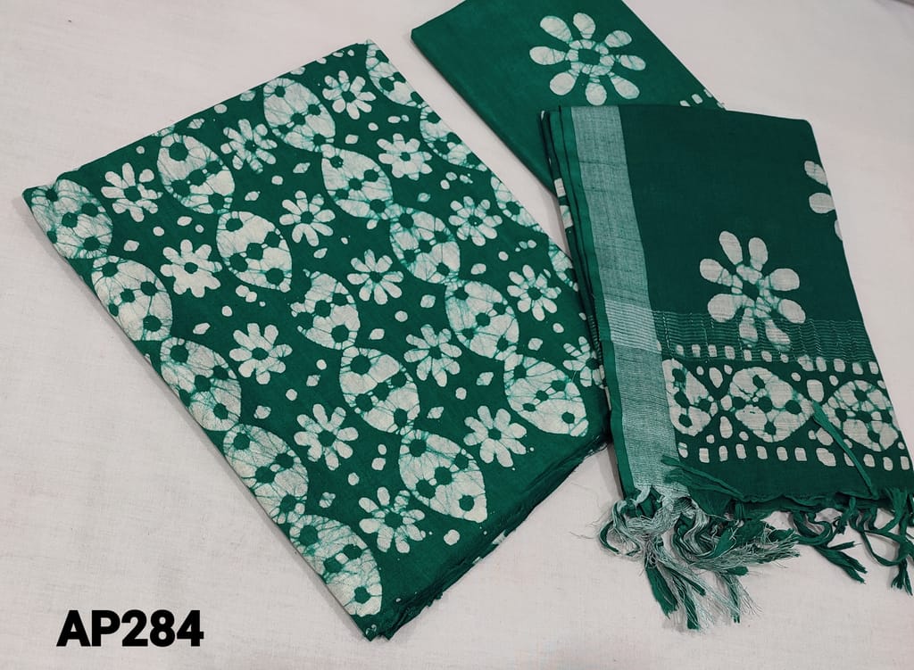 CODE AP284 :  Batik printed Turquoise Green Linen Cotton unstitched salwar material(lining optional), batik printed linen cotton bottom, Batik Printed linen cotton dupatta with silver zari border and tassels