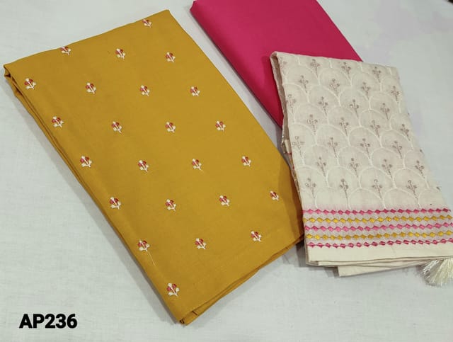CODE AP239:  Premium Fenugreek Yellow soft spun Silk Cotton UnStitched salwar material (requires lining) with embroidery work on front side, pink cotton bottom, rich thread and zari mbroidery work on silk cotton dupatta with tapings