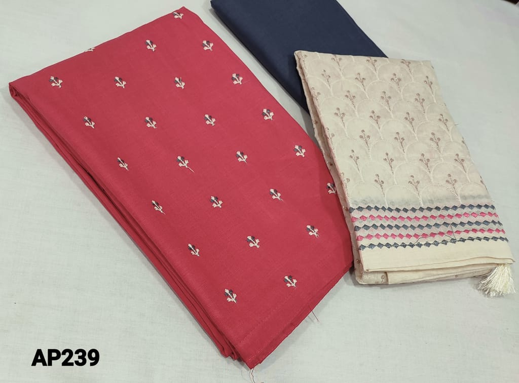 CODE AP239: Premium Reddish Pink soft spun Silk Cotton UnStitched salwar material (requires lining) with embroidery work on front side, grey cotton bottom, rich thread and zari mbroidery work on silk cotton dupatta with tapings