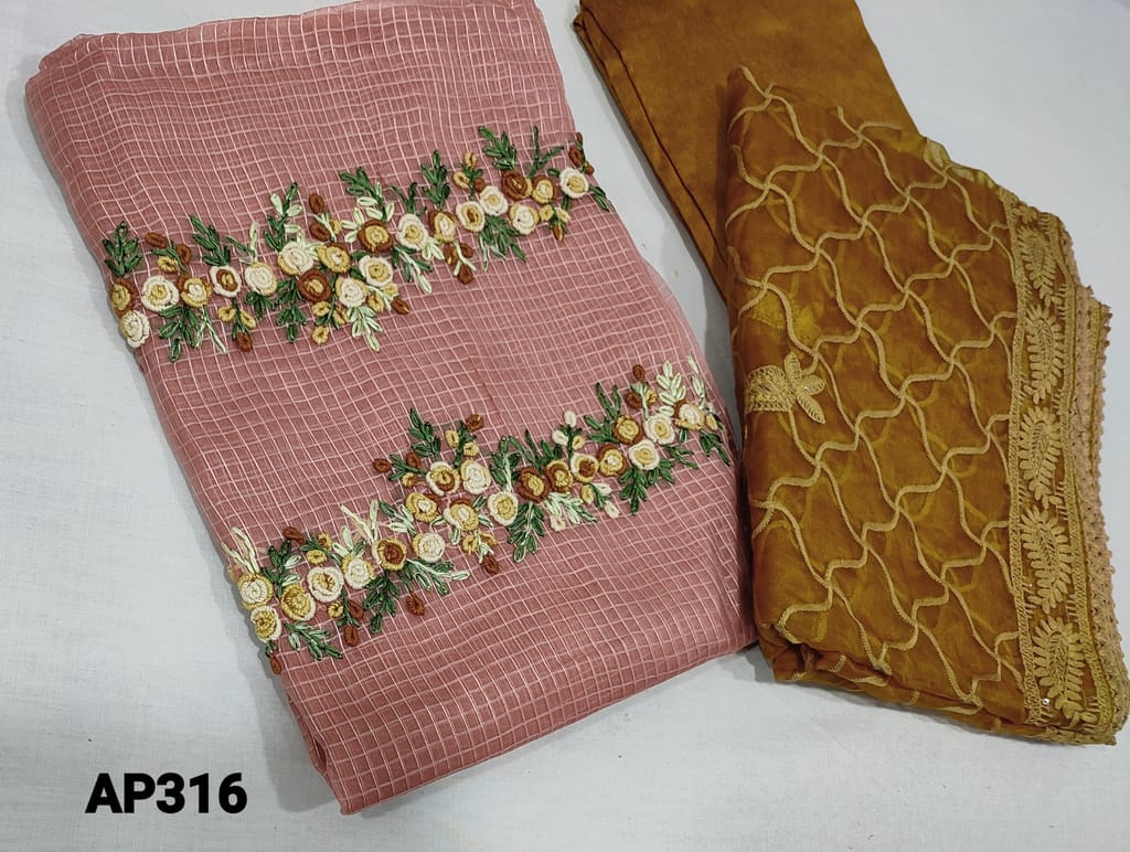 CODE AP316 :Pastel Pink kota Silk cotton unstitched Salwar material( thin netted fabric requires lining),Bullion rose embroidery on yoke ,Honey Brown Silk Cotton bottom, Organza dupatta with rich thread and sequins detailing