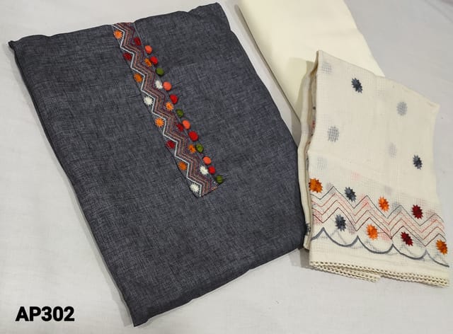 CODE AP302 : Dark Grey Jakard Silk Cotton unstitched Salwar material(course fabric lining required ) with embroidery and potli buttons on yoke ,off white  cotton bottom, embroidered  soft kota cotton dupatta with lace tapings