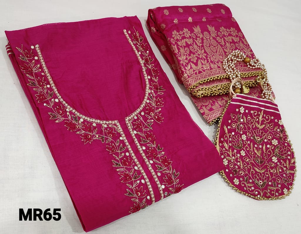 CODE MR65 : Premium Designer Party Wear Dark Pink Chanderi silk Cotton unstitched Salwar material(thin Fabric requires lining) with Heavy Pearl bead, sequins, Thread work, Zardosi work, on yoke, Pearl bead work on front side, Details for sleeves is given, Daman bead and gota lace taping, Dark Pink Santoon bottom, Dark Pink Silk Dupatta with Heavy zari work and bead taping, Designer Pouch with Heavy thread, bead and sequins work, with pearl bead handle